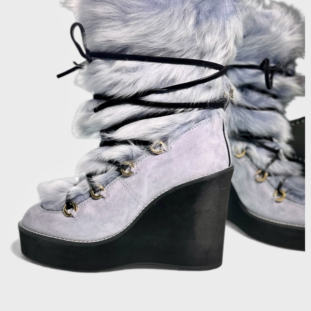 Stuart Weitzman Nikita Fur Wedge Boots 8.5 Blue Leather Suede Shearling Lace Up - Picture 2 of 12
